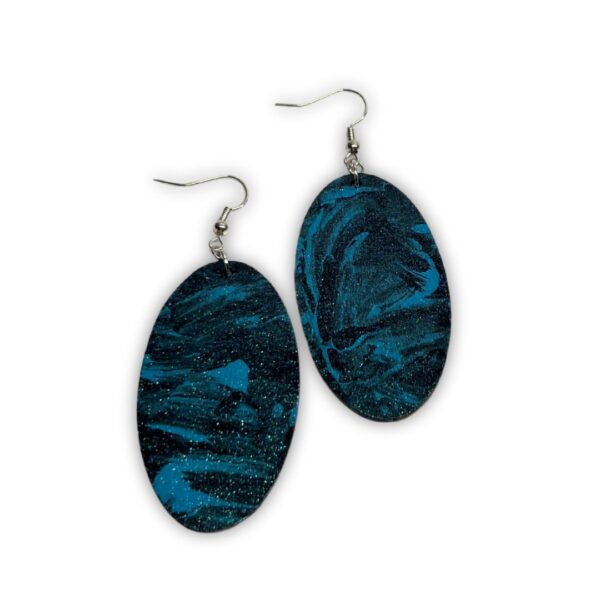 Oval Blue Marble Hand-Painted Wooden Earrings