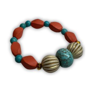 Teal & Red Stone & Wood Bead Bracelet